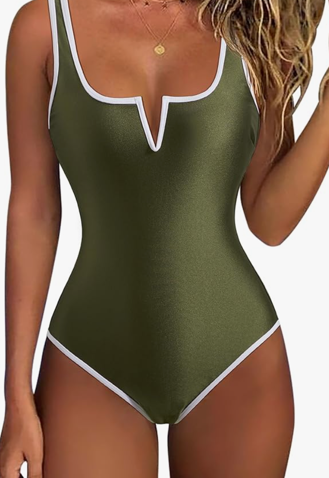 SUUKSESS Women Sexy Tummy Control One Piece Swimsuits Color Block High Cut V Wired Bathing Suits Backless Swimwear 2026(Olive Green,Large)