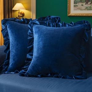 MIULEE Velvet Ruffle Throw Pillow Covers Soft Luxurious Navy Blue Pack of 2 20x20 Inch Square Cushions Vintage Gothic Decorative Ruffled Pillow Shams for Sofa Couch Bedroom Chair