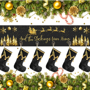 Soaoo Christmas Stocking Holder for Wall with 6 Hooks 24.4 x 5.7'' The Stockings were Hung Wood Hanging Sign Xmas Reindeer Socks Holder for Wall Xmas Decor Hooks Hangers for Fireplace(Black, Gold)