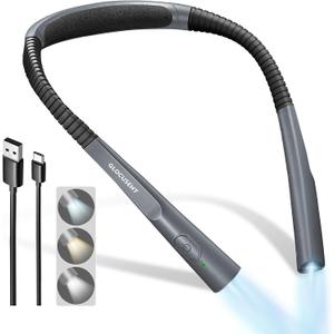 Glocusent Upgraded LED Neck Reading Light, Book Light for Reading in Bed, 30-min Timer, 3 Colors & 3 Brightness Adjustable, Rechargeable & Long Lasting, Perfect for Reading, Knitting