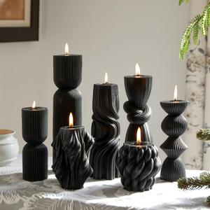 7-Pack Pillar Candles - Soy Wax Handmade Ribbed Candles for Home Decor, Housewarming Gift, Shelf & Table Decor - Aesthetic Modern Candles Set (Black)