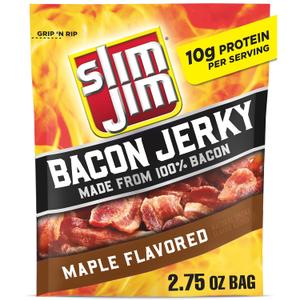 Slim Jim Smoked Bacon Jerky, Maple Flavor, 10g Protein Per Serving, Valentine's Day Gift For Him, 2.75 oz. (8 Count), JUL 30/2025