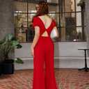 XXTAXN Women's Caual Fashion Crew Neck Short Sleeve Ruched Waist Backless Tie Wide Leg Long Pant One Piece Jumpsuit (Red, L)