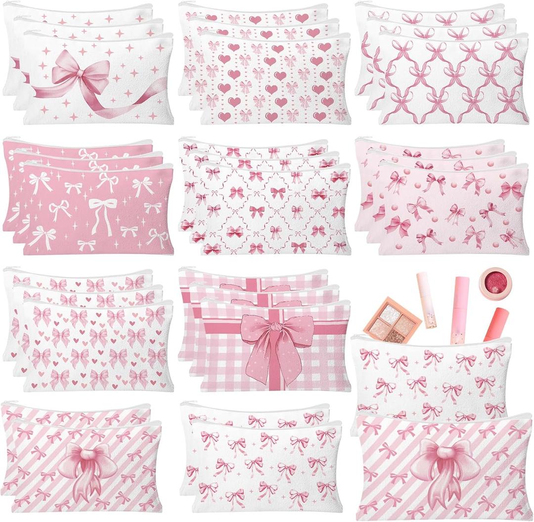 30pcs Pink Bow Makeup Bag Coquette Cosmetic Bags for Women Elegant Bow Preppy Pink Pouch Travel Toiletry Bag for Women Girls Mothers Day Gifts