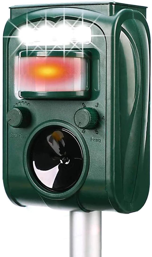 Solar Ultrasonic Animal Repeller, Cat Repellent, Motion Detection, Siren and Flash Repel. Dog, Squirrel, Deer, Raccoon, Skunk, Rabbit, Fox, etc
