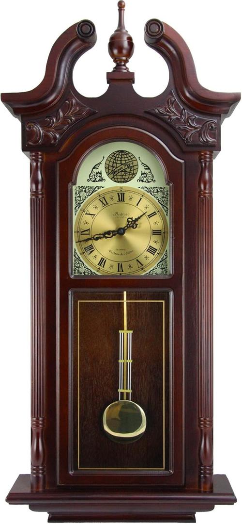 Bedford Clock Collection Grand Antique Colonial Chiming Wall Clock with Roman Numerals in a Cherry Oak Finish, 38" L, Large