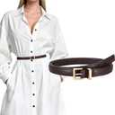 XZQTIVE 0.7" Width Skinny Leather Belt, Embroidered Thin Wasit Belt with Gold Buckle for Jeans Pants Dresses (Small: fits waist from 26"-31", Dark Brown)