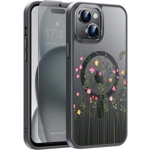 Goodon for iPhone 15 Pro Case with Privacy Screen Protector, Compatible with Magsafe, Shockproof Translucent Matte Cover - Cute Floral Design Phone Case for Women and Girls - Blooming Cherry