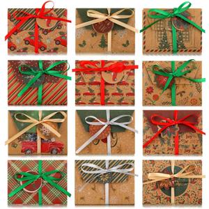 Yeaqee 60 Sets Christmas Card Boxes Holders 4.5" x 3.25" x 0.4" Brown Kraft Paper Envelope Cash Money Holder Holiday Gift Wrap Boxes with Ribbon and Tags for Xmas Party Presents, 12 Designs