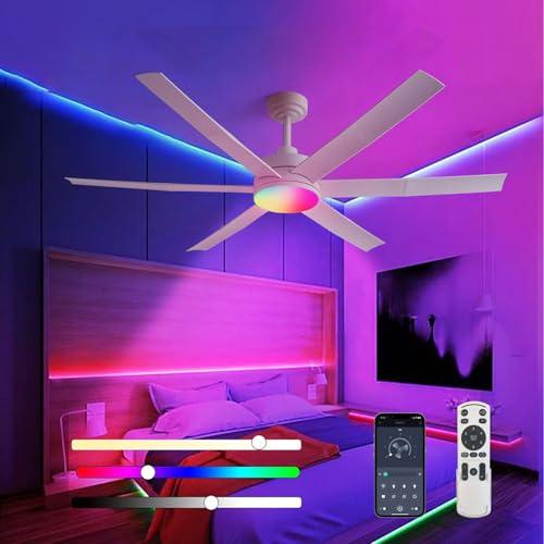 FKZNPJ 60" Smart Ceiling Fan with RGB Chasing Lights – Quiet DC Motor with Sectional Blades Dimmable CCT via App & Remote Control, Fits Flat or Sloped Ceiling Mount for Large Living Rooms, White