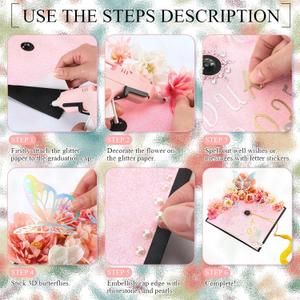 Wavwavw 44 Pcs DIY Graduation Cap Decorations Pink Accessory Kit 3D Artificial Flowers 3D Butterfly Decals Rhinestone Pearl Stickers Alphabet Letter Stickers Pink Glitter Paper for Grad Hats Decor