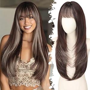 Eawwii Long Chocolate Brown with Gray White Highlights Wig with Bangs for Women, 4x4 Realistic Scalp, Free Parting, Layered Hairstyle Synthetic Heat Resistant for Daily Party Use 26 inch