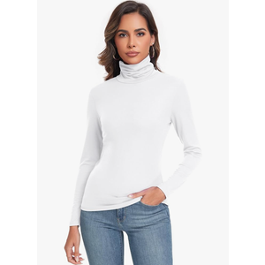 Women's Long Sleeve Casual Lightweight Turtleneck Top Slim Fit Thermal Active Layer Shirts, White, L