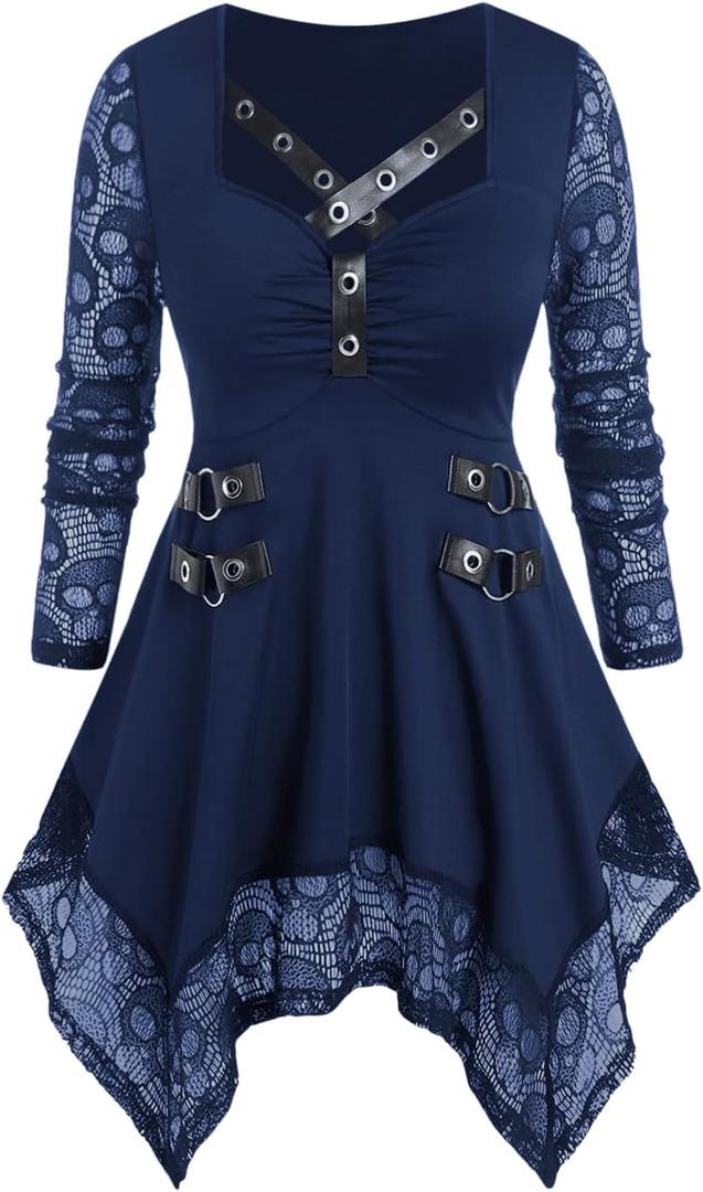 ROSE GAL Womens Plus Size Tunic Tops Fall Casual Long Sleeve T-Shirt Goth Shirt V Neck Loose Blouses Swing Tunic (Blue, L)