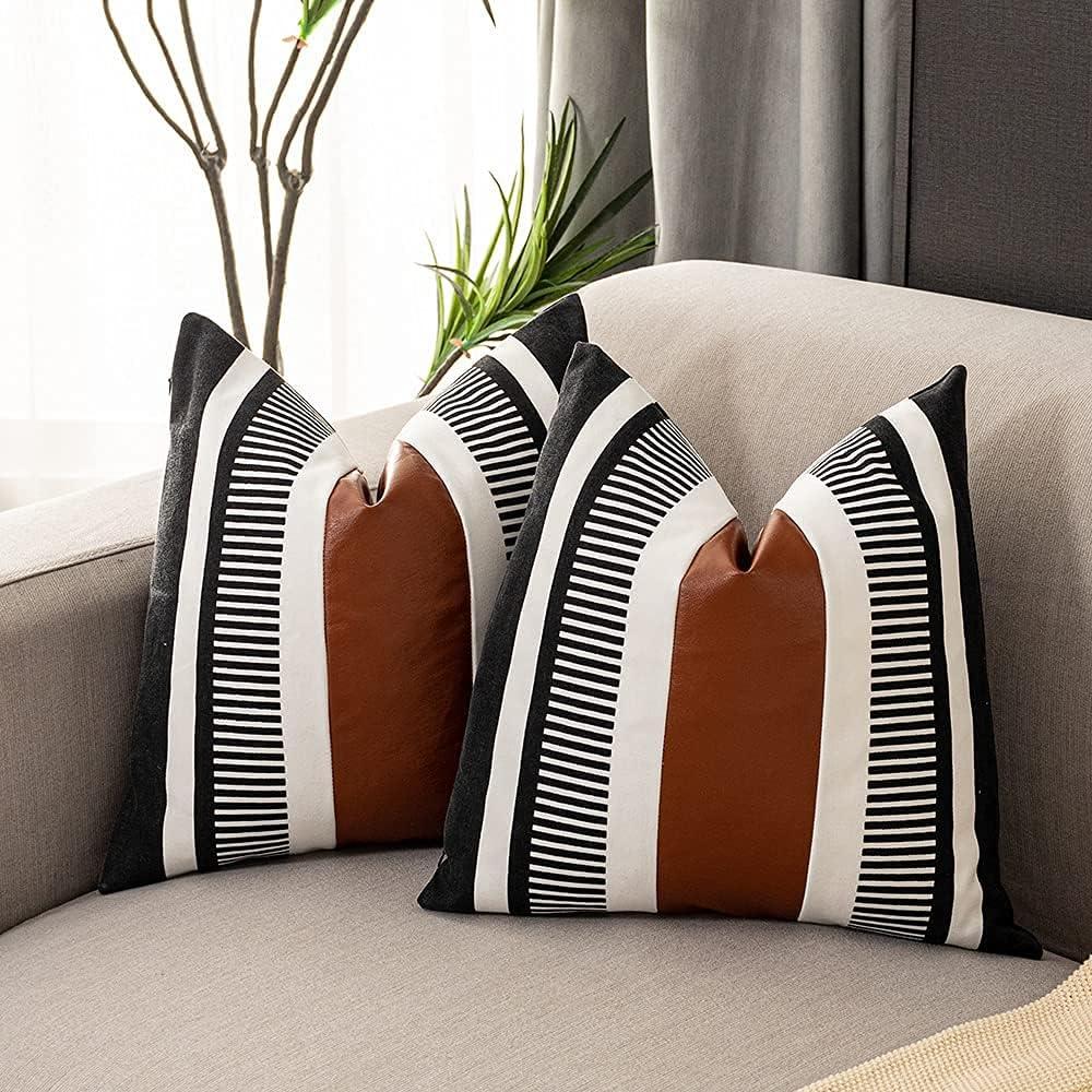 Farmhouse Throw Pillow Covers -Decorative Leather Pillow Cases for Couch Sofa Livingroom Tribal Stripe Accent Cushion Cover 18x18 Inch (2, 20''X20'')