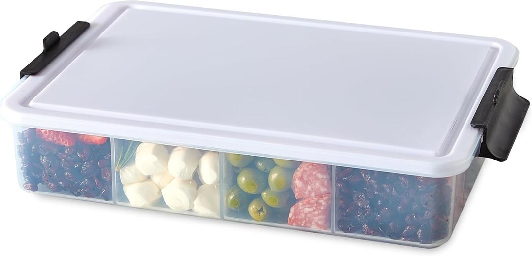 Farberware Build-A-Board Snacklebox Serving Tray with Locking Plastic Cutting Board Lid, Portable Storage Container with Compartments for Charcuterie, and More (11 Compartment, White)