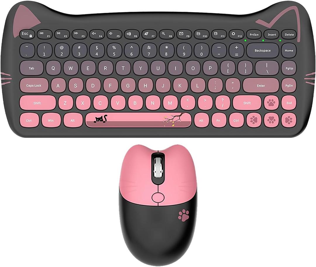 Wireless Keyboard and Mouse Combo, Cute Cat Mouse & Round Keycaps, 2.4G Silent Cordless with USB Receiver, Auto Sleep, for PC, Mac, Laptop (Gradient Pink)