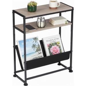 Narrow End Table for Small Spaces - Slim Side Table with Magazine Holder,2 in 1 Design Narrow Coffee Table Living Room,Skinny Bedroom Nightstand Thin Side Magazine Table,Oak