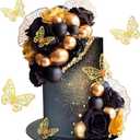 Black Gold Flowers Cake Toppers Butterfly Balls Cake Decorations for Birthday Wedding Baby Shower Boho Theme Party Supplies (Black Gold), 2 Pack