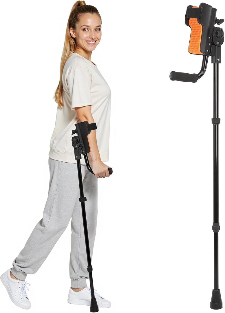 3-Angle Adjustable Forearm Crutches for Adults - Ergonomic Non-Slip Handles with EVA Elbow Support, Foldable Arm Crutches Forearm for Leg Injury, Surgery Recovery, Disabled (Single Unit) (Black)