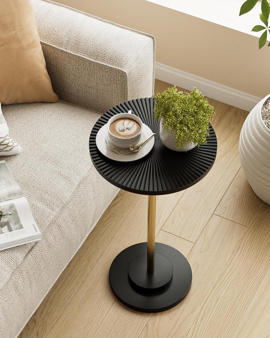 Round Side Table, Small Drink Table for Small Spaces, Modern Accent End Table with Metal Leg for Living Room, Bedroom, Corners, and Office (Black Gold)