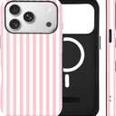 For iPhone 17 Pro Max Case Cute Striped Phone Case Compatible with MagSafe, Dual-Layer Shock Protection(Hard PC + Silicone) - Aesthetic Protective Phone Cover for Women Girl, Pink and White