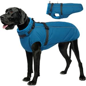 Lelepet Dog Coat with Harness Built in, Waterproof Dog Jacket for Large Dogs Reflective Windproof Winter Jacket with Zip Warm Cold Weather Coats for Dogs,Cozy Pet Snowsuit, Great Dane, Blue, XXXL
