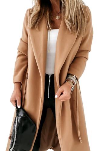 Ladiyo Womens Classic Coat Lapel Collar Open Front Belted Long Jacket, Size XL