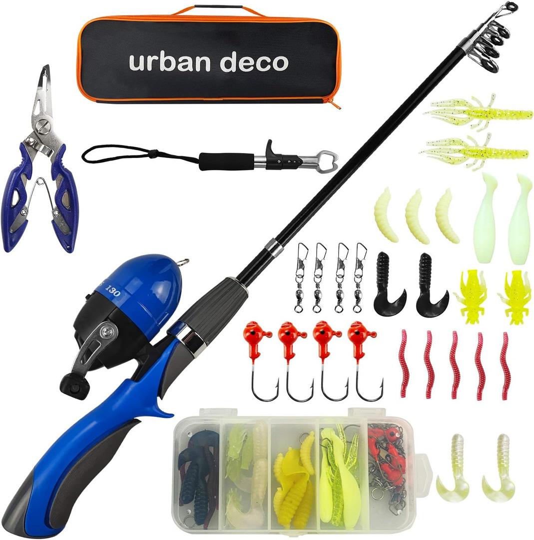 Urban Deco Kids Fishing Pole Set Portable Telescopic Kids Fishing Rod and Reel Combo Kit with Tackle Box for Beginners, Boys,Girls,Youth,Children 1.27 m (blue)