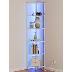 Furnulem 6 Tier Corner Shelf with LED Light, 67.5 Tall Standing Shelf Organizer, White Narrow Bookshelf with Storage Rack for Wall Corner, Living Room, Bedroom, Metal Frame, Wood Display Shelf