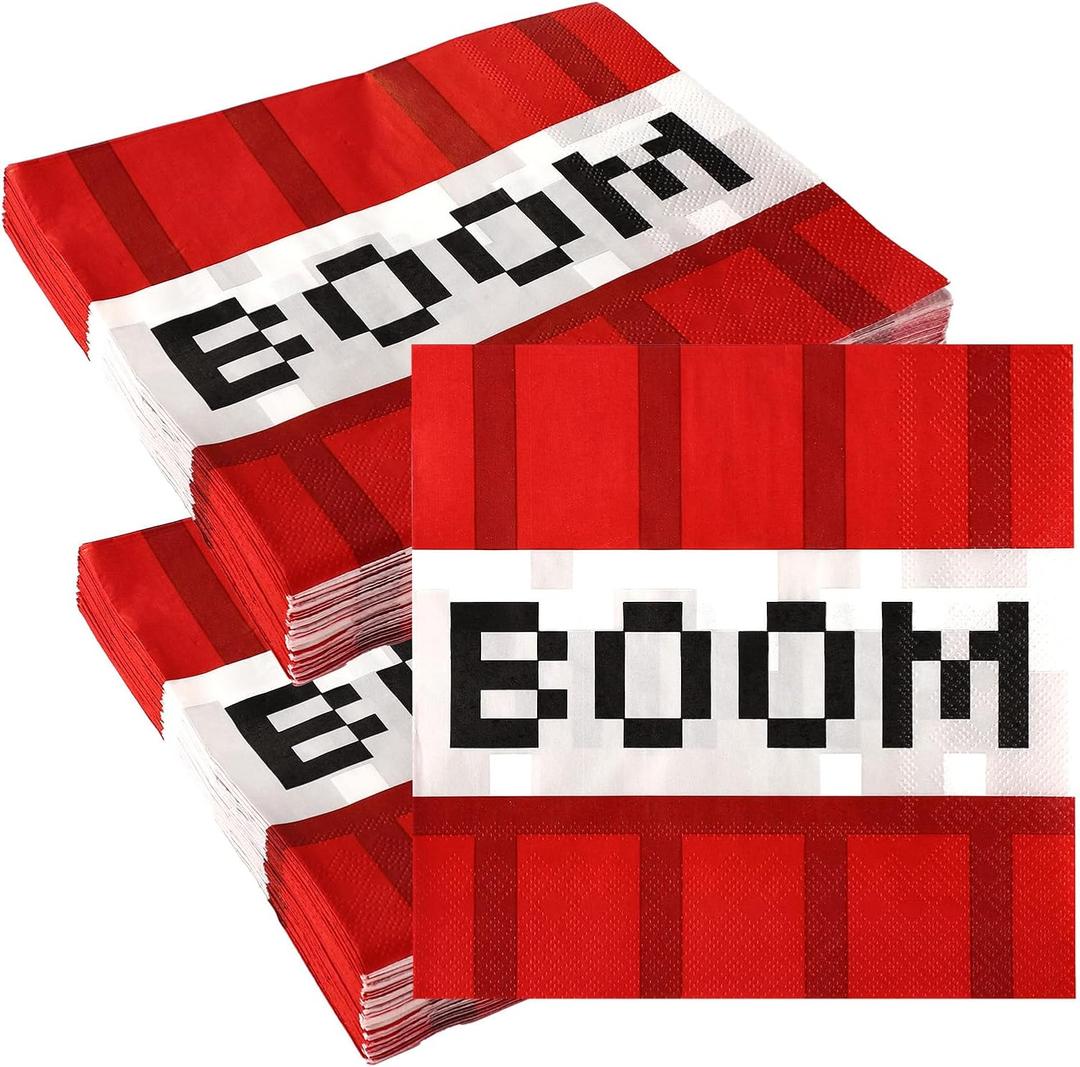 50 Pcs Pixel Napkins, Video Game Themed Birthday Party Supplies Cartoon Red and White Pixel Art Design Paper Napkins for Kids Teens Happy Birthday Party Decorations Decor