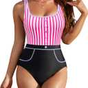 BMJL Womens Tummy Control Swimsuits Retro Vintage One Piece Bathing Suits Slimming Color Block Stripes Swimwear (Medium)