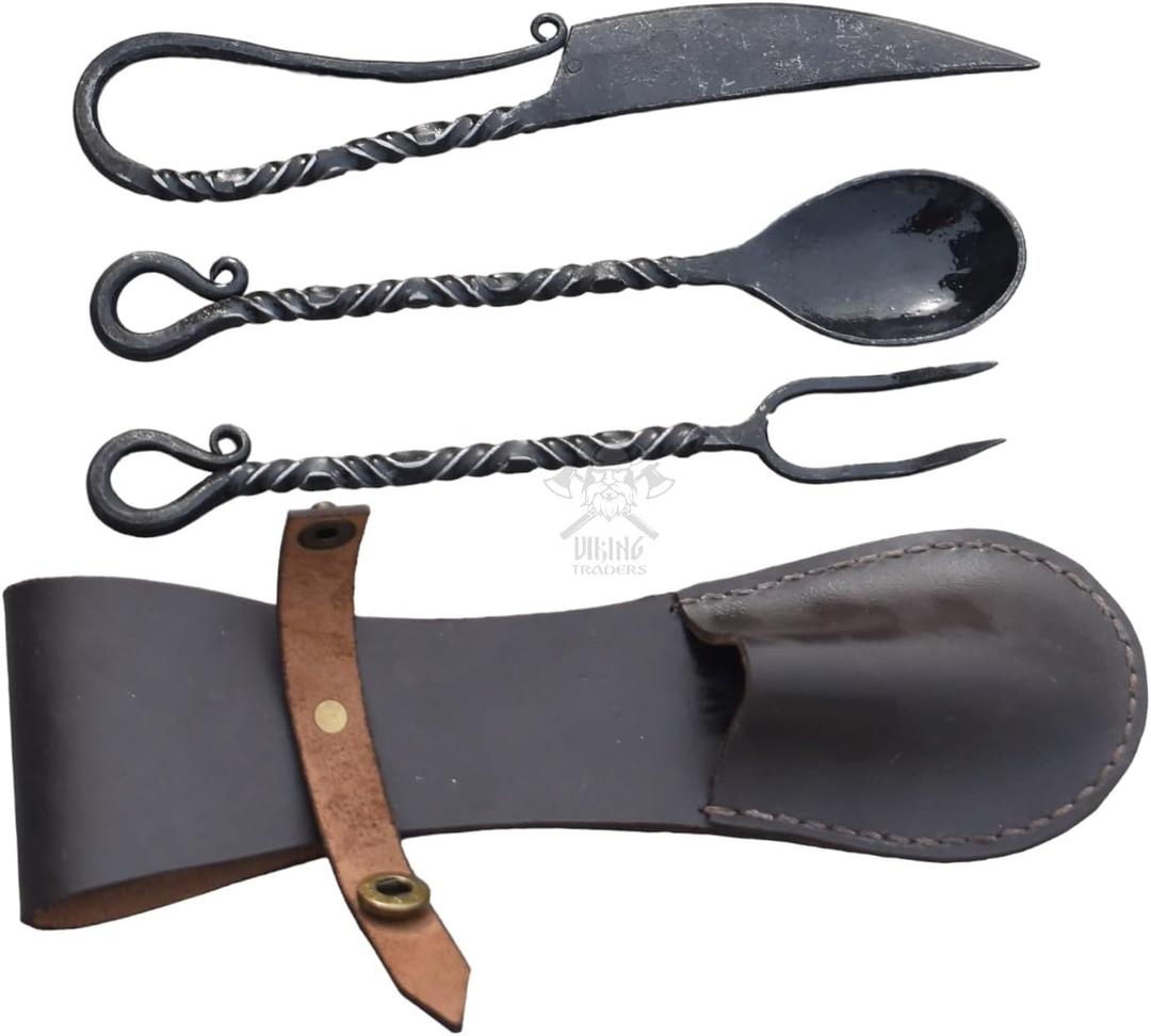 Hand-Forged 8.26" Medieval Cutlery Set - Viking Traders Authentic Carbon Steel Cutlery Set with Leather Pouch  Renaissance Faire Utensils, Camping Flatware, LARP, Historical Reenactment, Cosplay Prop