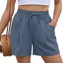 Linen Shorts Women Casual Wide Leg High Waisted Summer Outfits Comfy Elastic Waist Beach Shorts with Pockets, Denium Blue Large