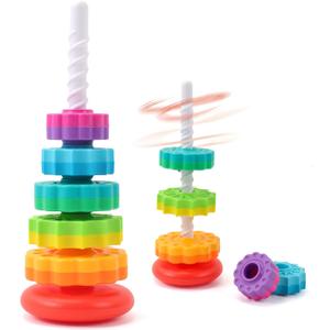 Riuja Baby Spinning Stacking Toys, 1-3 Rainbow Ring Stacker Montessori Toys for Babies, Sensory Toys for Toddlers, Christmas and Birthday Gifts Suitable for Boys and Girls (14 Inches)