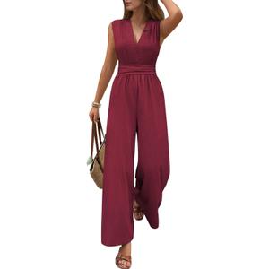 Pink Queen Jumpsuits for Women Dressy Sleeveless V Neck Wide Leg Pants Romper Casual Vacation Outfits (Red, L)