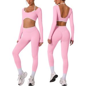 ABOCIW Workout Sets for Women Seamless Color Block Backless Long Sleeve Crop Top Scrunch Butt Lifting High Waist Leggings 2 Piece Gym Yoga Outfits Light Pink Small