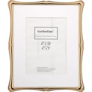 8x10'' Premium Alloy Gold Picture Frame with Acid Free Mat 5x7'',Hi-End Dcor Metal Frames 5x7'' with Black Velvet Backing for Desktop Display and Wall Decor