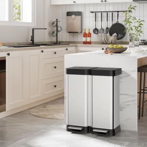 16 Gallon Dual Compartment Trash Can, 60L 2x30L Stainless Steel Step Trash and Recycling Bin, Soft Close Lid, Fingerprint Proof, No Inner Bucket, for Kitchen Bathroom Bedroom Office | 2x30L Stainless Steel Step Trash and Recycling Bin, Soft Close Lid, Fingerprint Proof, No Inner Bucket for Kitchen