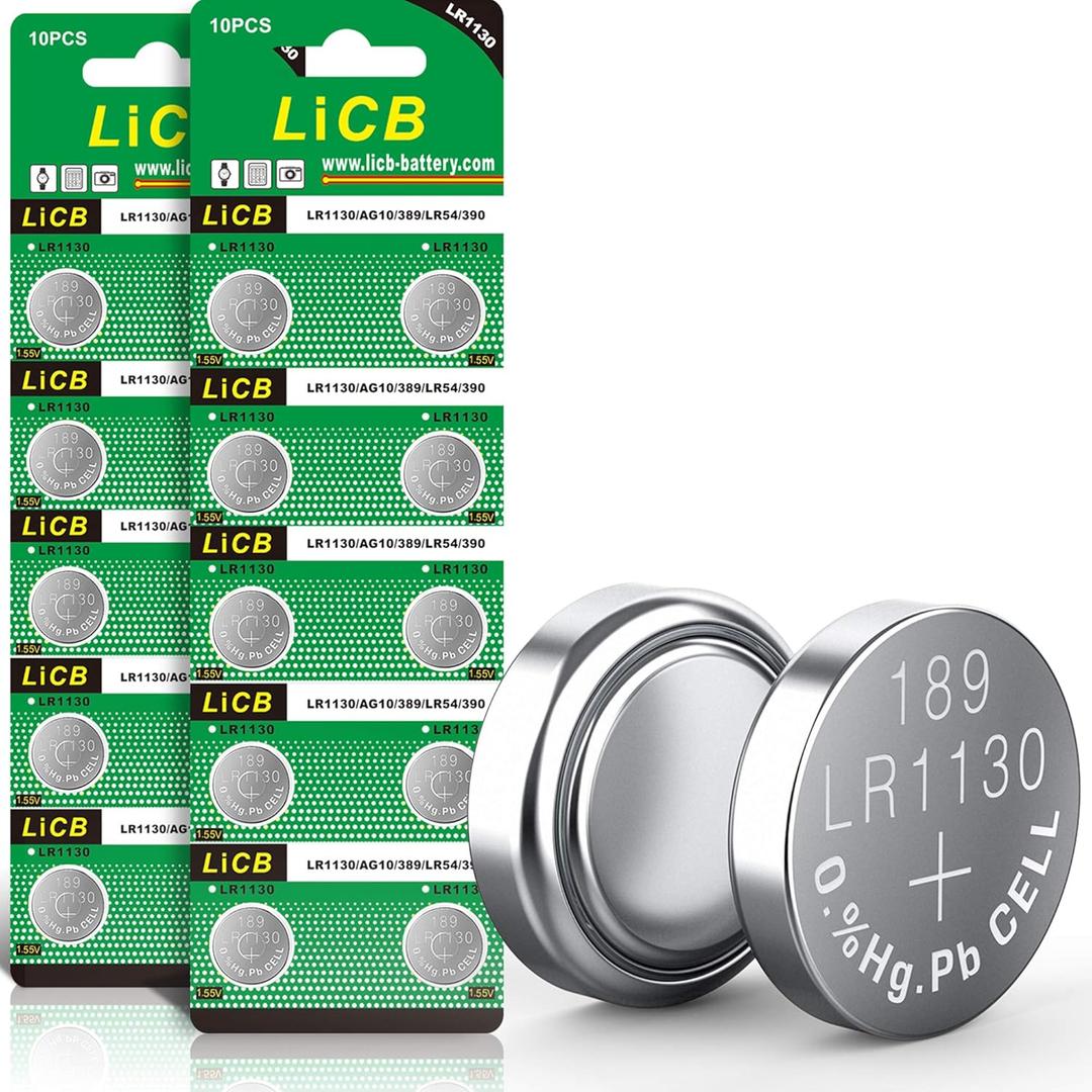 LiCB 20 Pack LR1130 AG10 Battery 1.5V Long-Lasting Alkaline Button Cell Batteries