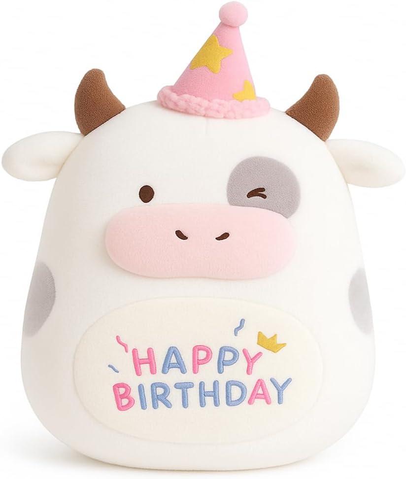 12 inch Happy Birthday Cow Plush Pillow, Soft Penguin Plushies Toy, Cute Milk Cow Print Stuffed Animal Home Room Decoration Birthday Party Easter Gift for Kids Boys Girls, Halloween, Christmas