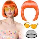 PLULON Orange Bob Wig with Heart Sunglasses and Hair Cap, Colorful Short Bob Wigs Synthetic Party Wigs Funny Cosplay Hairpieces for Women Men Daily Bachelorette Halloween Costume Party Decorations