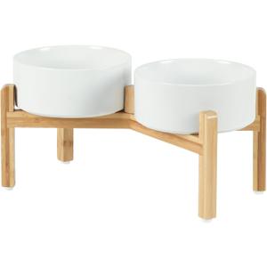 Ceramic Raised Double Bowls Set with Stand, Food & Water Bowls for Medium Breed Dogs, Weighted Dog Dishes, Pet Bowl(7.3'',41OZ, White)