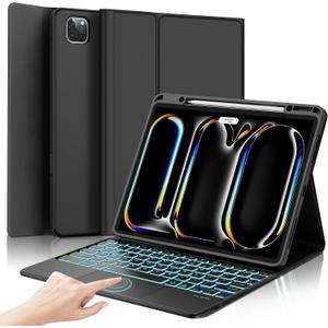 D DINGRICH iPad Pro 13 inch Case 2024 with Keyboard, Magnetic Bluetooth Keyboard with Multi-touch Trackpad, 7 Color Backlit, Smart Folio Leather Cover with Pencil Holder for iPad Pro 13-inch M4, Black