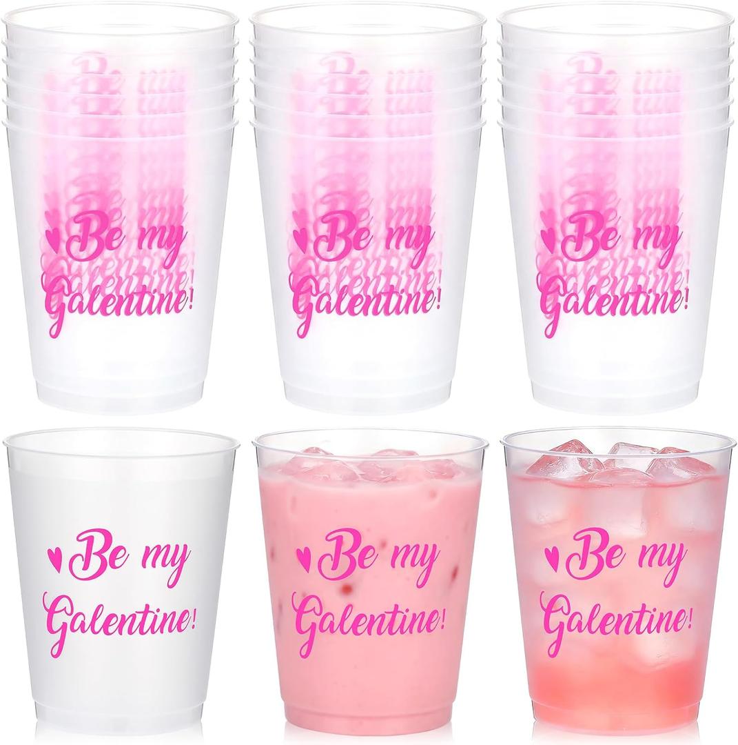Baderke 16 pcs Galentines Day Cups 16oz Pink Heart Print Plastic Cups Galentine's Day Party Favors for Ladies Celebration Valentine's Friendship women Party Supplies Decorations