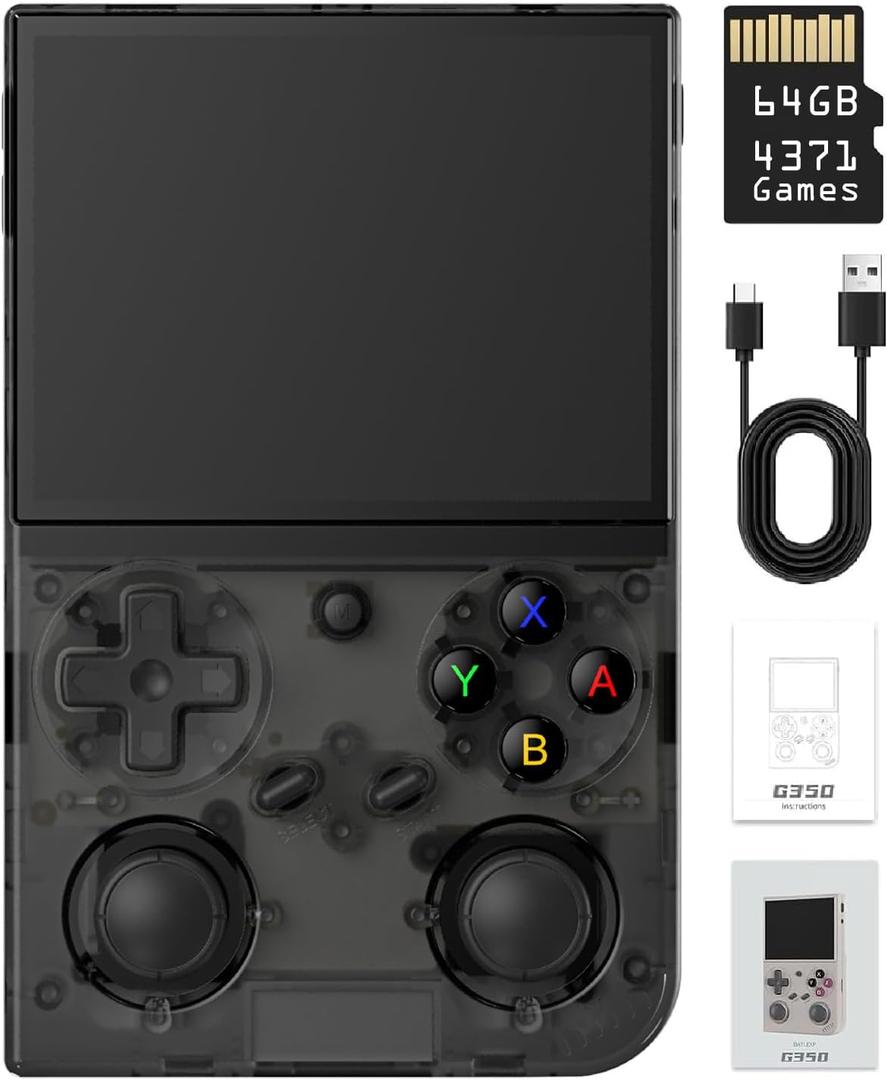 G350 Retro Handheld Game Console , Preload 4371 Games 3.5 Inch IPS Screen 3200 mAh Battery Linux System Portable Video Games Console Support Controller and Earphone (Transparent Black)