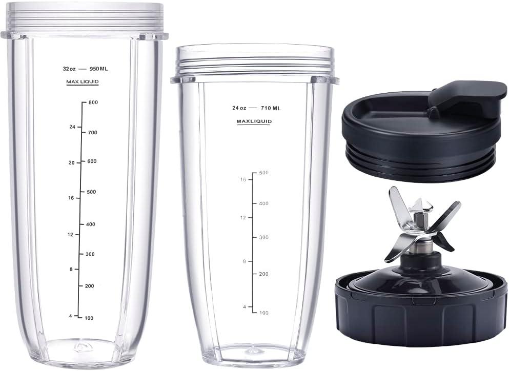 Blender Replacement Parts for Ninja, 32oz&24oz Cup and with Lids New, 7 Fins Extractor Blade, for Nutri Ninja Auto iQ BN801 BL640-30 BL642-30 (4 Pcs)