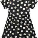 White Daisy Pattern Girls Dresses Short Sleeve Casual Midi Sundress for Kids (4T, Multicoloured)