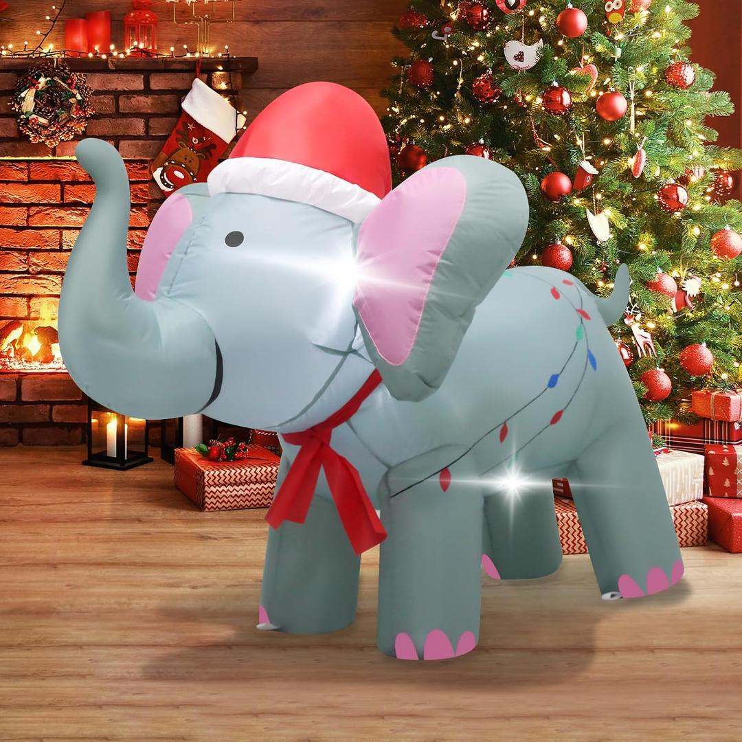 Christmas Inflatable Elephant 4.5ft Festive Decoration Cute Design with Santa hat and red Bow LED Lights Suitable for Yard, Garden, Lawn Festive Outdoor Decoration Christmas Inflatable Decoration