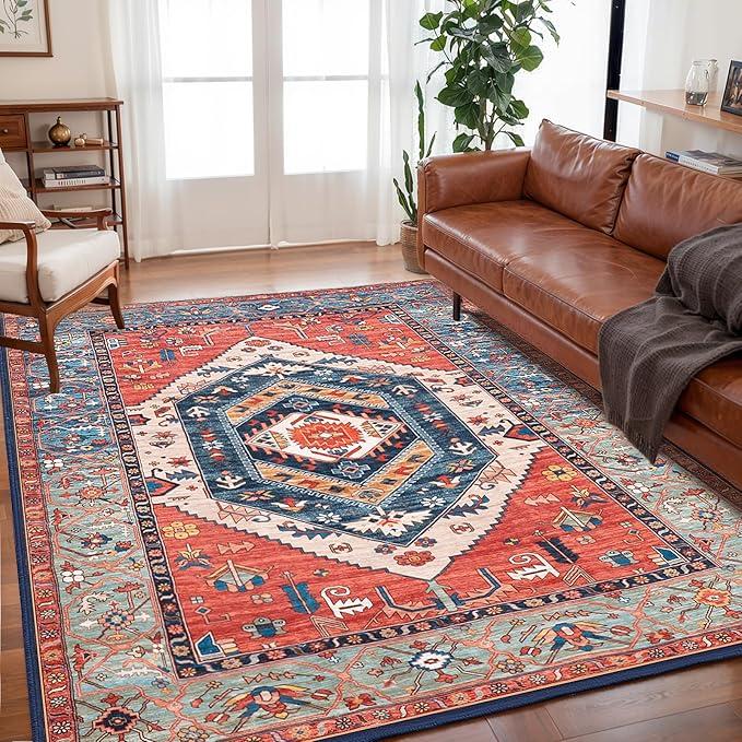 SERISSA Washable Rug 5x7 Boho Area Rugs, Washable Large Rugs for Living Room, Ultra Soft Non-Slip Rust Rug Print Distressed Vintage Farmhouse Carpet for Bedroom Dining Room Dorm Office Home Decor